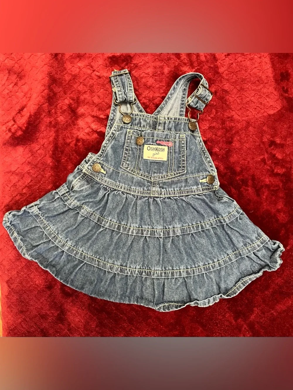 OshKosh B'gosh Blue Denim Ruffle Overall Dress